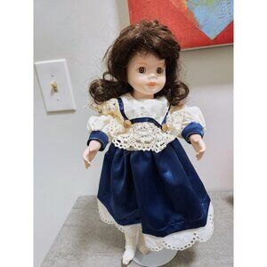 Porcelain Vintage Doll Brunette Doll Blue Dress Satin Look